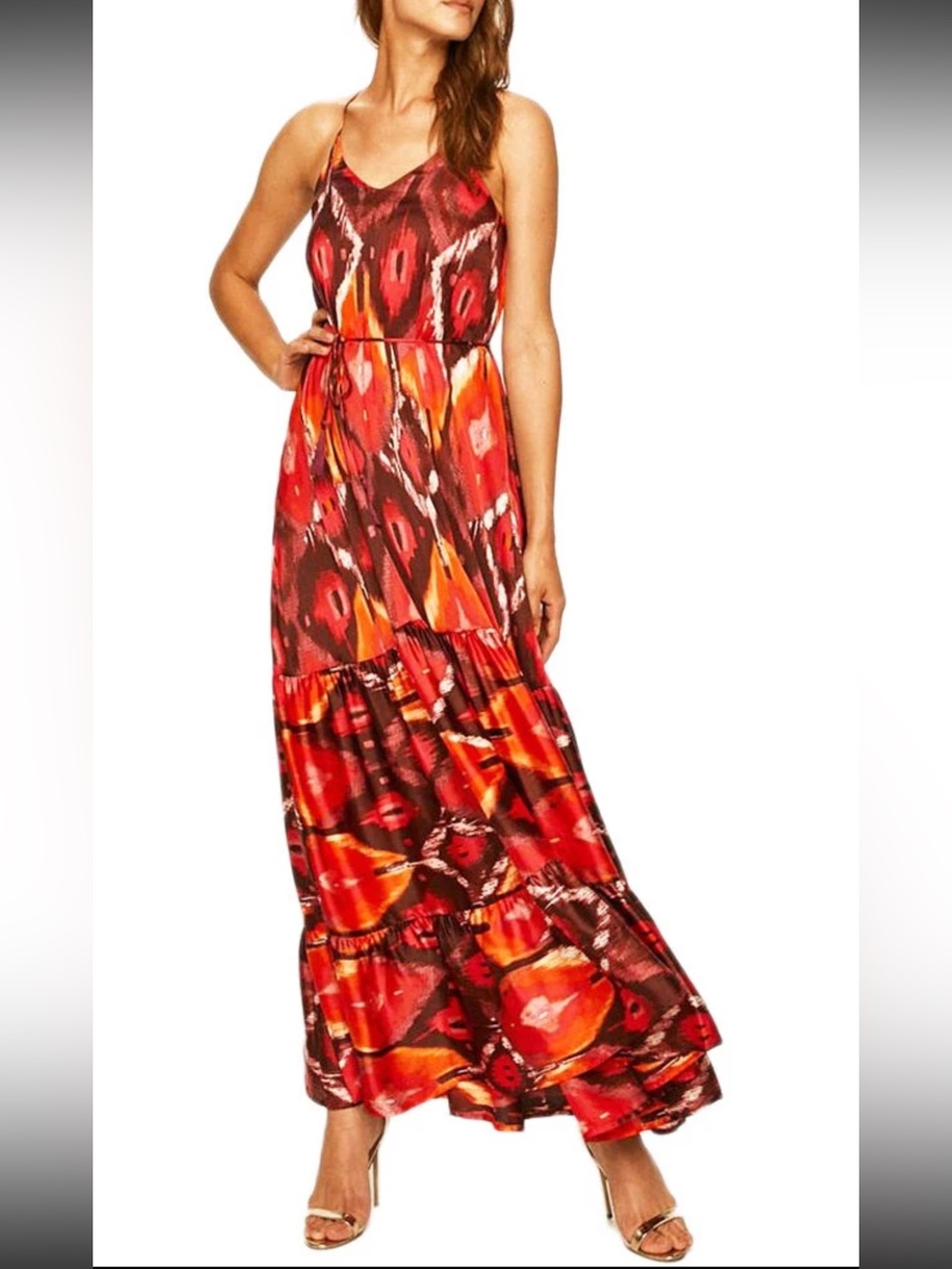 Guess Red Orange Pink Patterned Maxi Dress